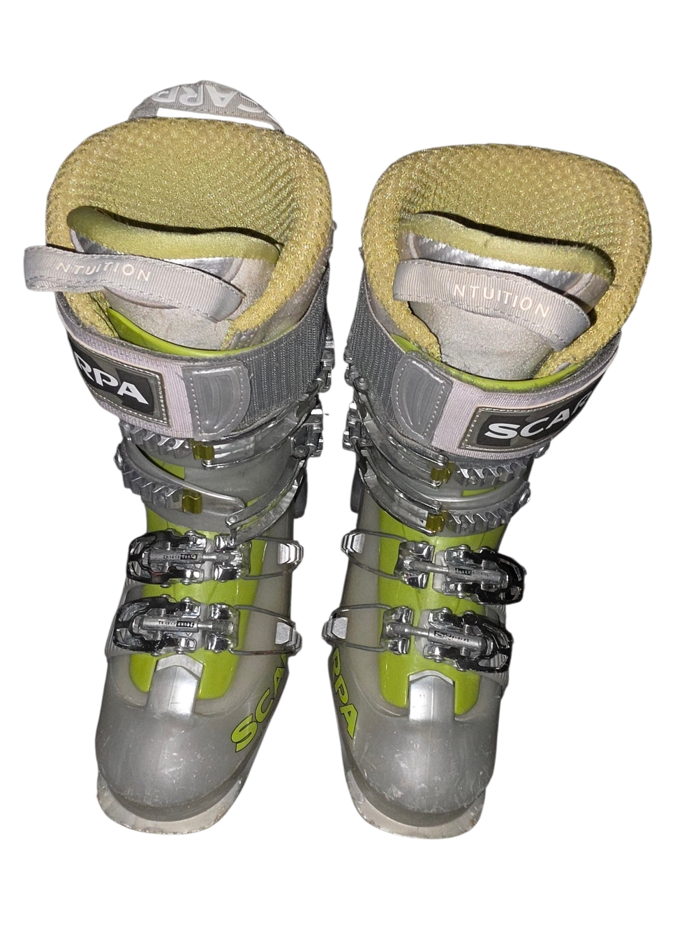 4/10/2. Scarpa Gray & Lime Green Ski Boots